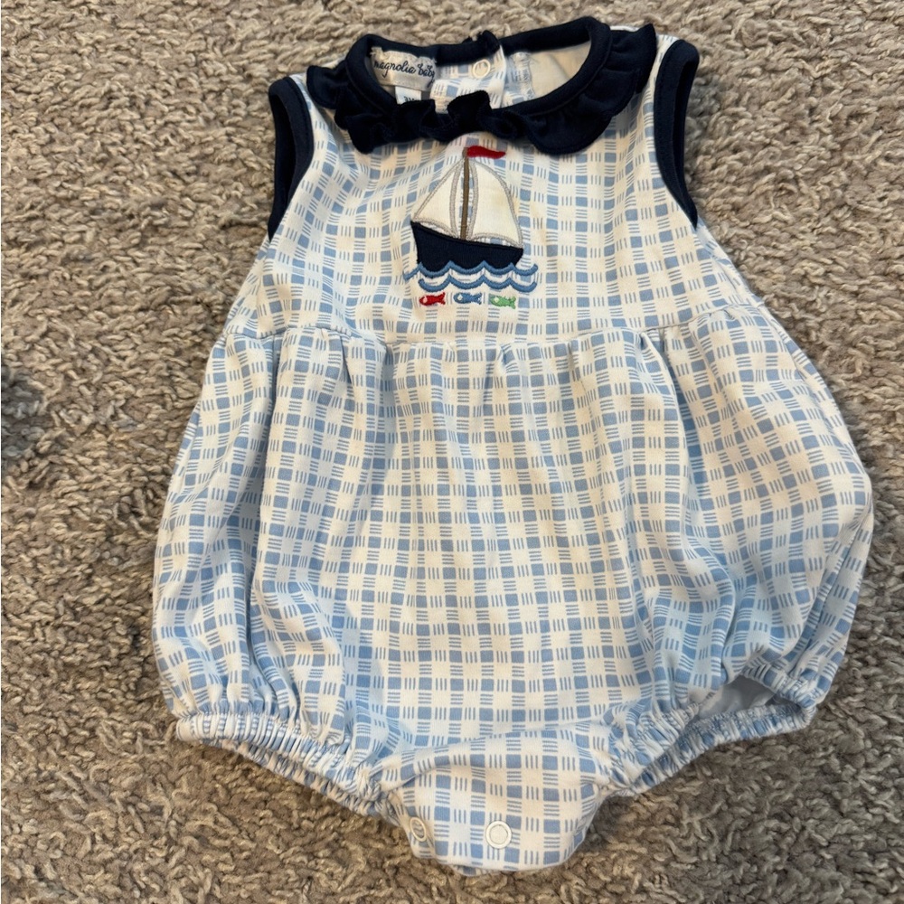 Blue and White Sailboat Baby Romper